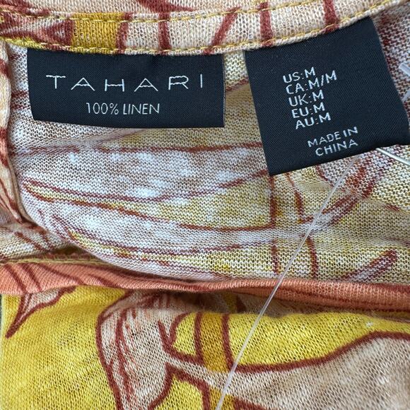 Tahari Luxe Linen Top WMNS M Orange Yellow Tropical Print Back Button Sleeveless - Picture 7 of 8